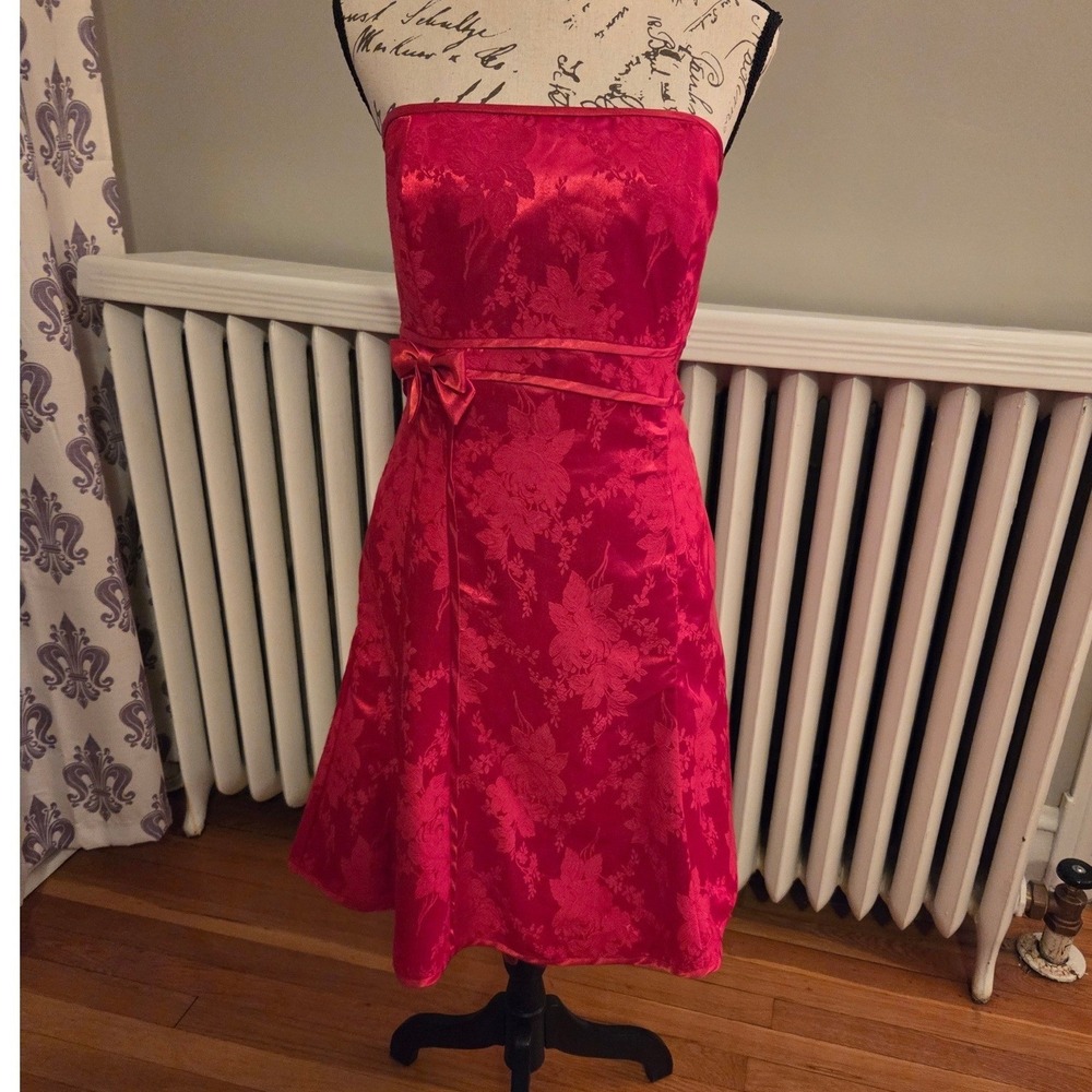 VTG Jessica McClintock Gunne Sax Y2K Red Floral Strapless Mini Dress JR 13 10-12